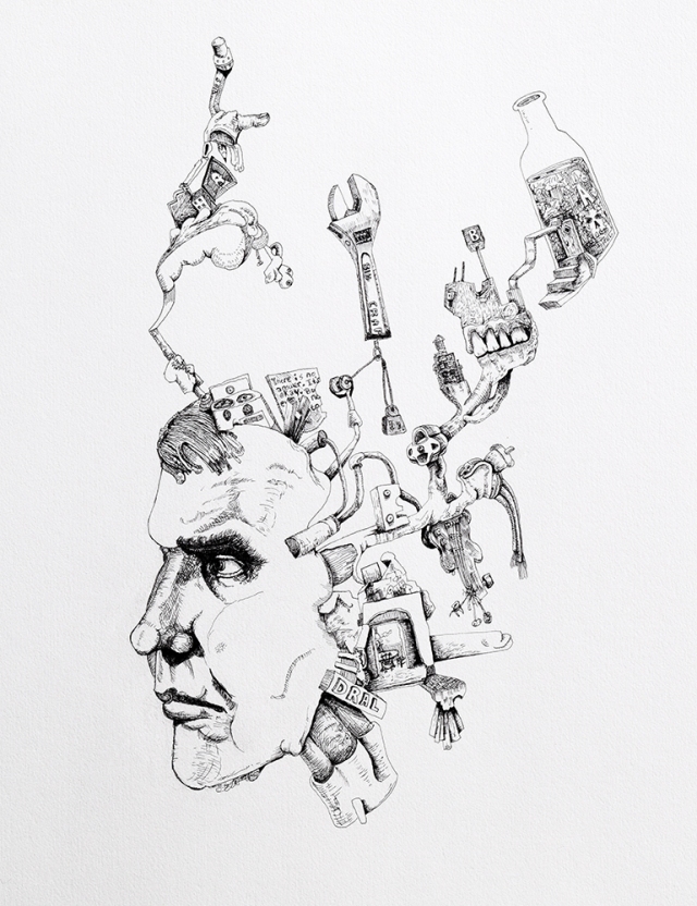 Raymond Carver construct, 2015; ink on paper; 30 x 22 inches
